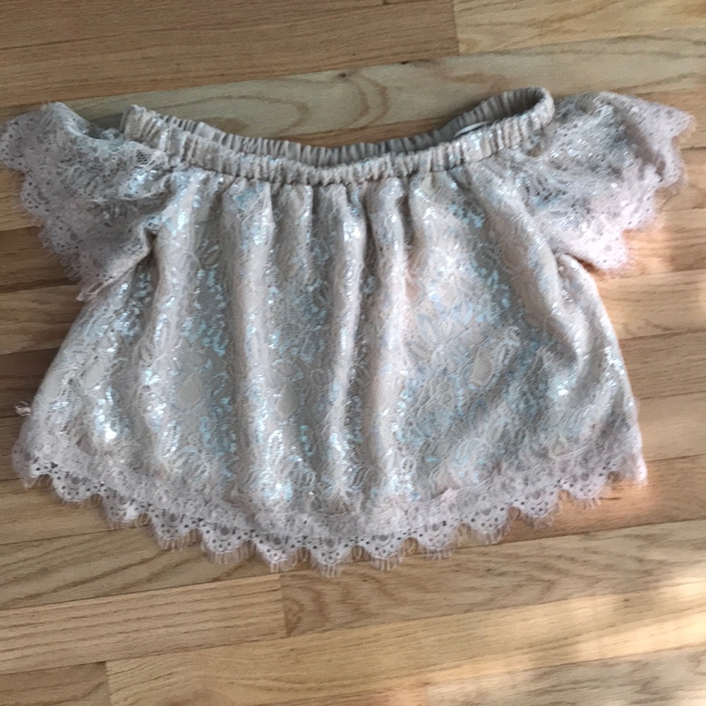 Off the shoulder light beige and metallic lace top